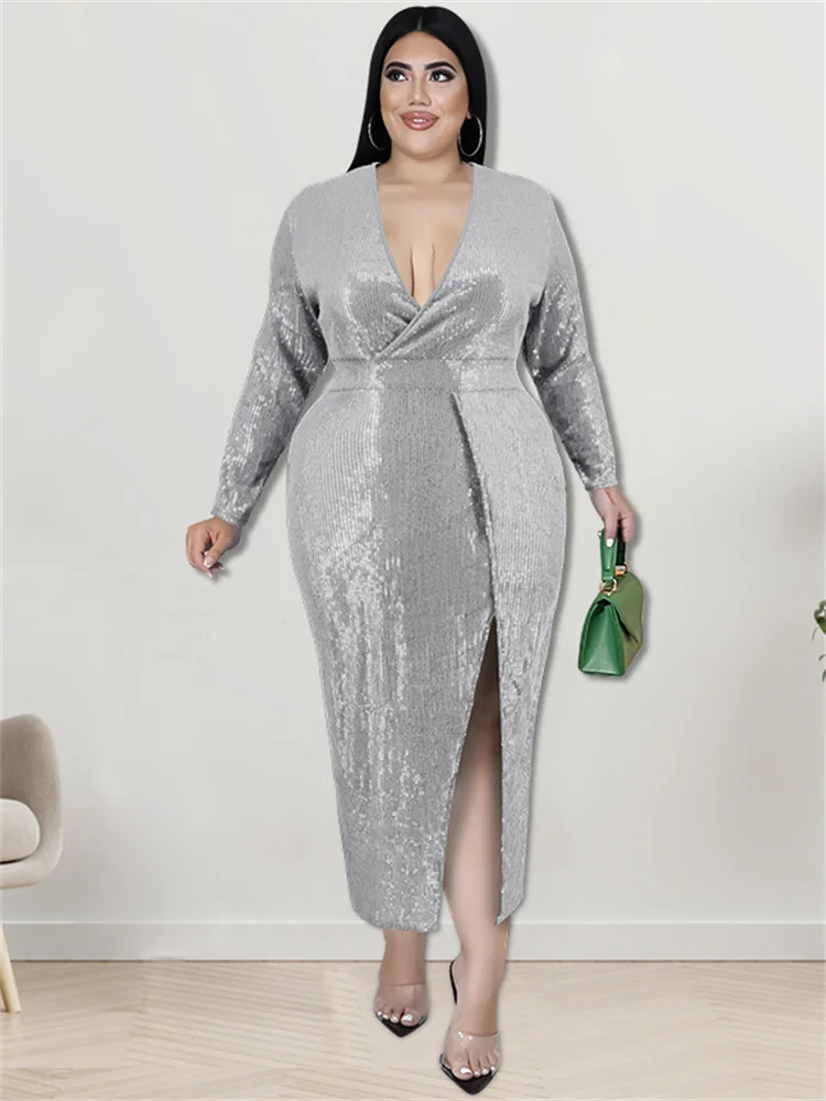 Wmstar Plus Size Women Clothing Sequins Party Dresses Fall V Neck Bodycon Elegant Sexy Evening Midi Dress Wholesale Dropshipping