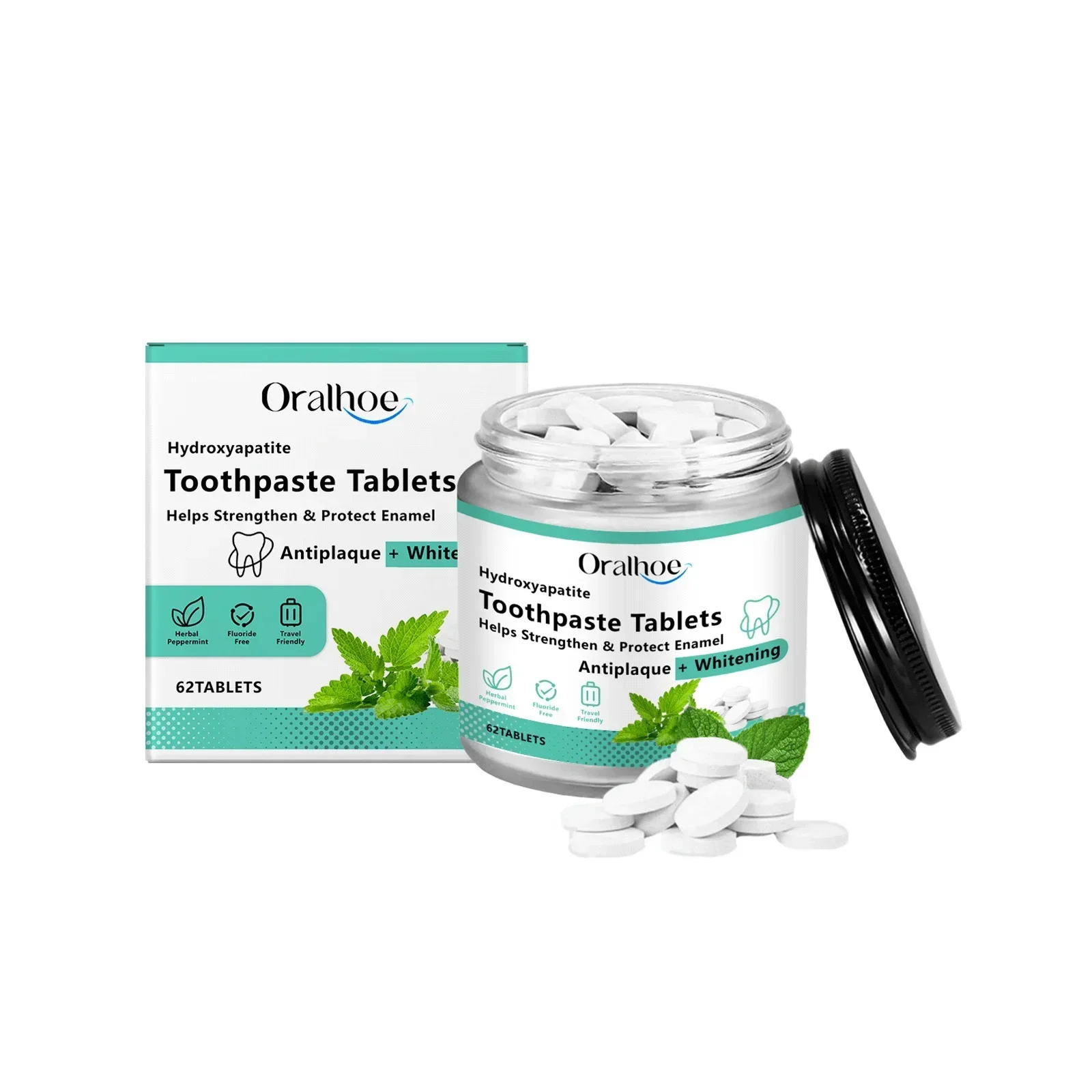 Mint flavored chewable toothpaste tablets improve bad breath, remove smoke stains, and refresh oral hygiene. 62 tablets