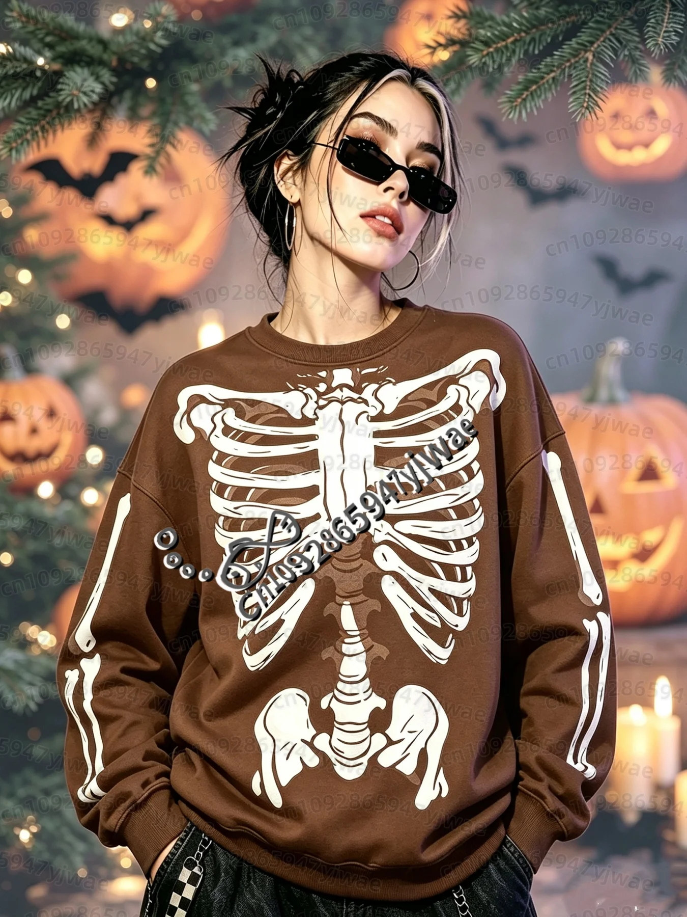 26 Damen Grunge Y2k Oberteile Mädchen Y2k Sweatshirt Goth Damen Hoodies Halloween Cosplay Skelett Knochen Vintage O-Neck Sweatshirt – Detail 11