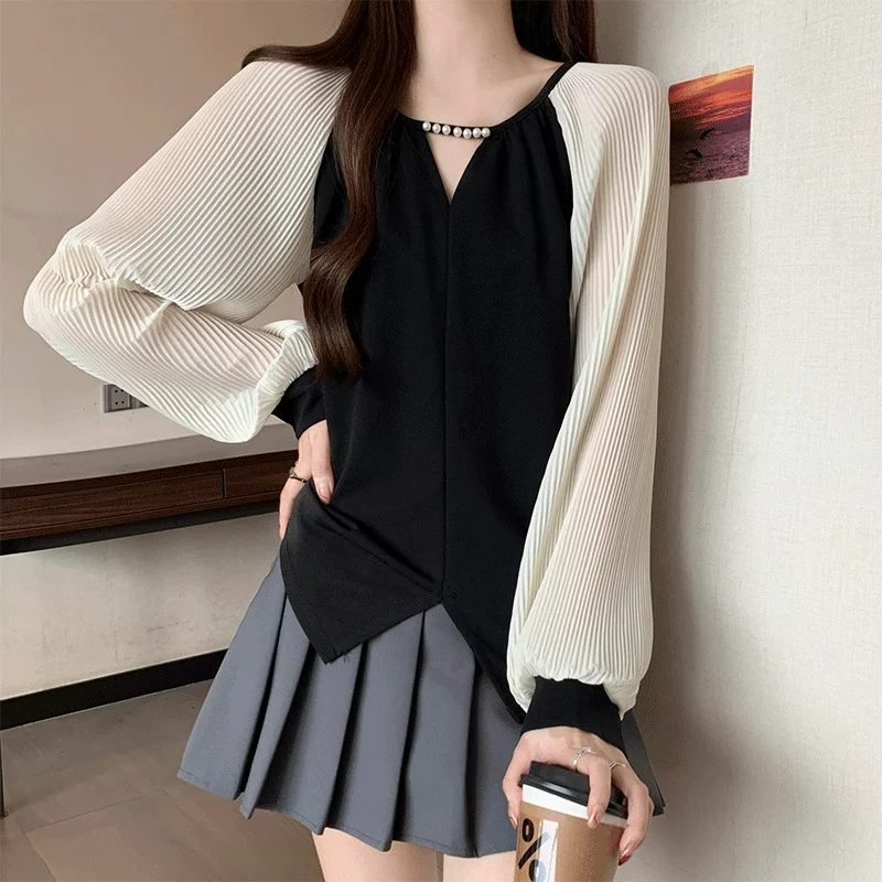 

Commute Hollow Out Blouse 2024 Spring Autumn Fashion Beading Patchwork Female Clothing Round Neck Korean Basic Long Sleeve Shirt