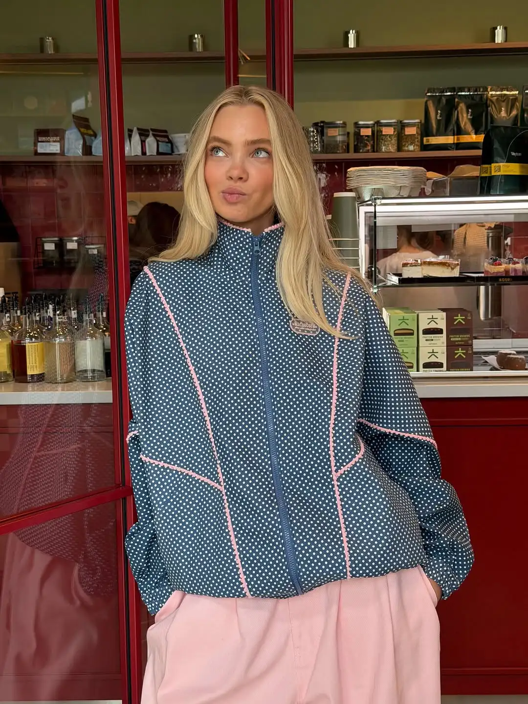 Navy Bluepolka Dot Zipper Short Jacket For Women, Pink Contrasting Bright Thread Loose Retro Casual Spring Windproof Jacket