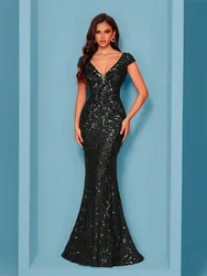 Xuibol elegante Champagner Pailletten Abendkleid 2024 Frauen lange Meerjungfrau formale tiefe V-Ausschnitt Abschluss ball Luxus Hochzeits feier Kleider Kleider