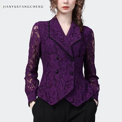 Elegant Suit Collar Women Long Sleeve Purple Floral Lace Shirt Double-breasted Hook Flower Hollow Spring Summer Top Tunic Blouse