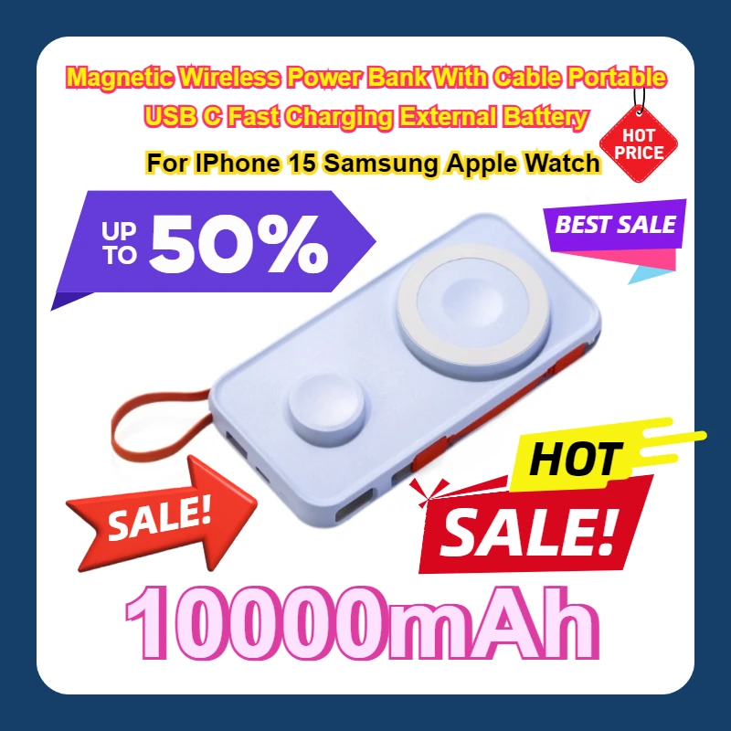 

For IPhone 15 Samsung Apple Watch 10000mAh Magnetic Wireless Power Bank With Cable Portable USB C Fast Charging External Battery