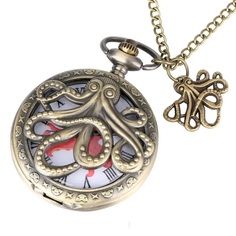 Bronze Hollow Out Case 3D Octopus Cover Half Hunter Antique Timepiece Quartz Pocket Watch Men Women Necklace Chain Clock Reloj