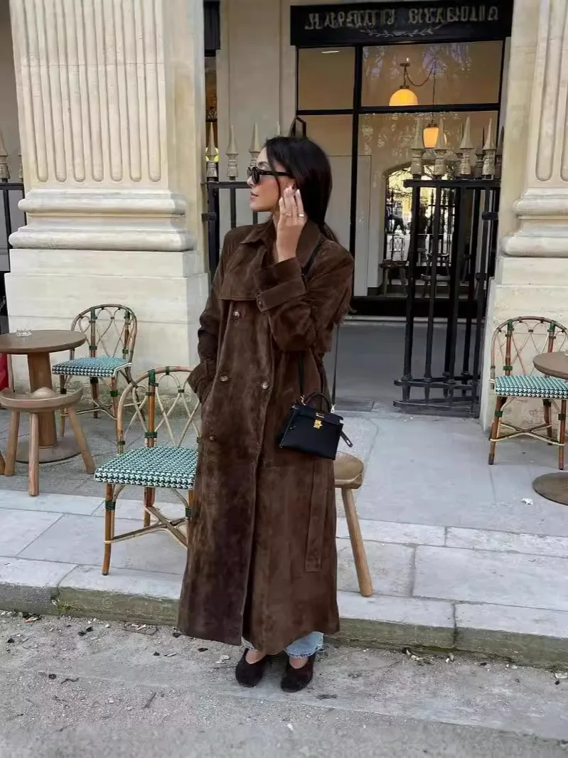 Suede Textured Fabric Long Trench Coat With Lace-Up Belt, Women's Velvet Dark Brown Loose Casual Autumn/Winter Double-Breasted C view 2
