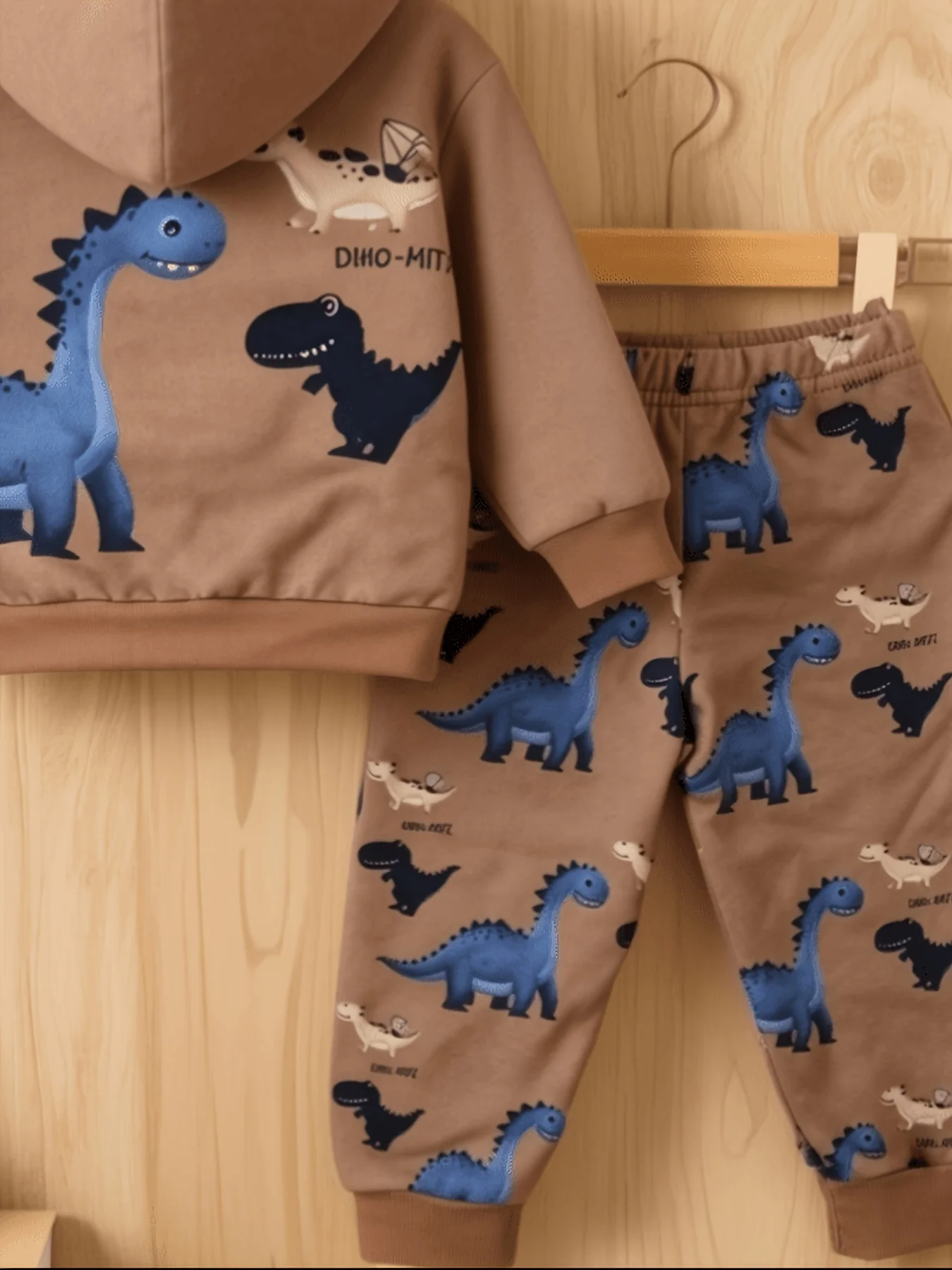 Kids Vintage Brown Dinosaur Hooded 2‑Piece Suit, Baby Boys Long Sleeve Hoodie Pants Outdoor Sports Outfit