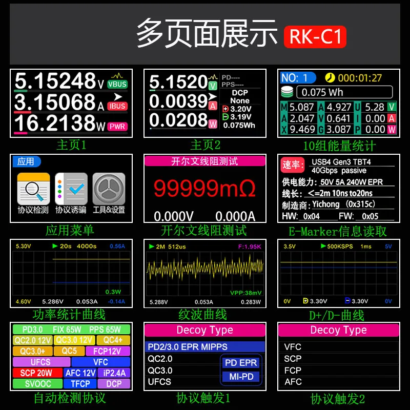 RK-C1 Power Meter Color Screen Fast Charging Tester Voltage Current Meter 8A Gravity Rotation Tester