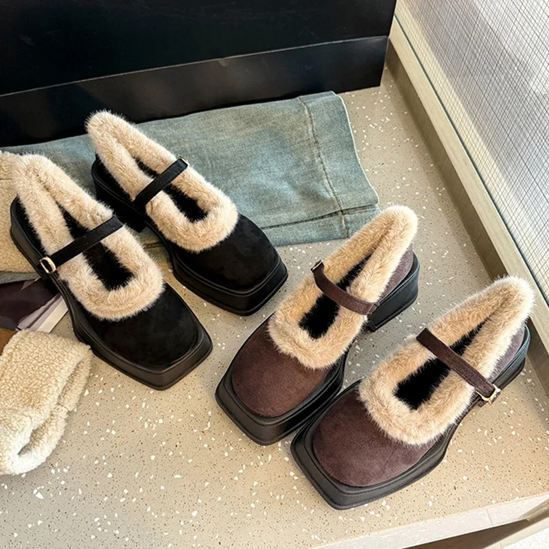 

2025 Autumn/winter New Women's Thickened Fce-lined Snow Boot Slippers Increased Heel High Top Fluffy Drags Rubber Outsole