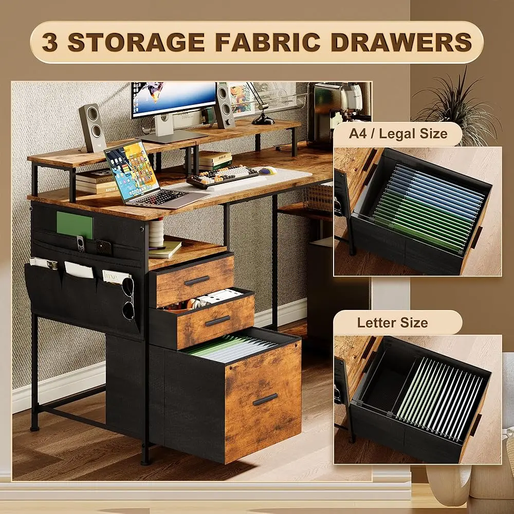 Computer Desk With 3 File Cabinet Drawers, 57.8'' Reversible Gaming Desk, Office Desk With Storage Shelves And Dual Monitor