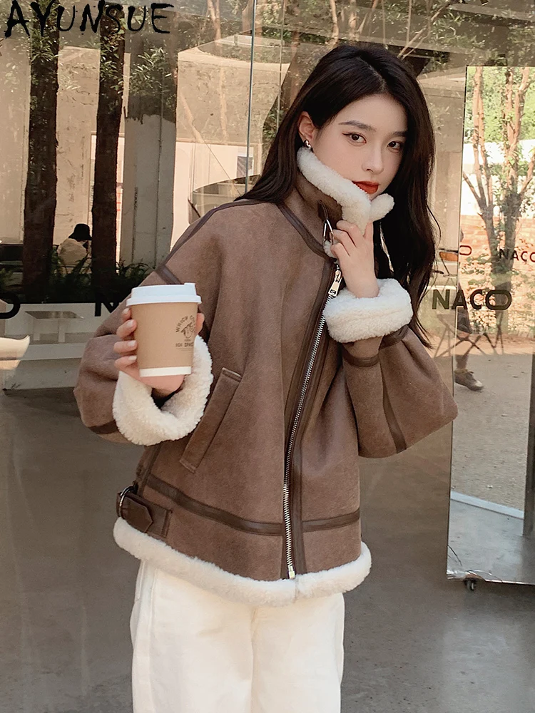AYUNSUE 2025 겨울 시어링 재킷 여성 100% 천연 양털 재킷 여성 의류 짧은 패션 퍼 재킷 여성 의류