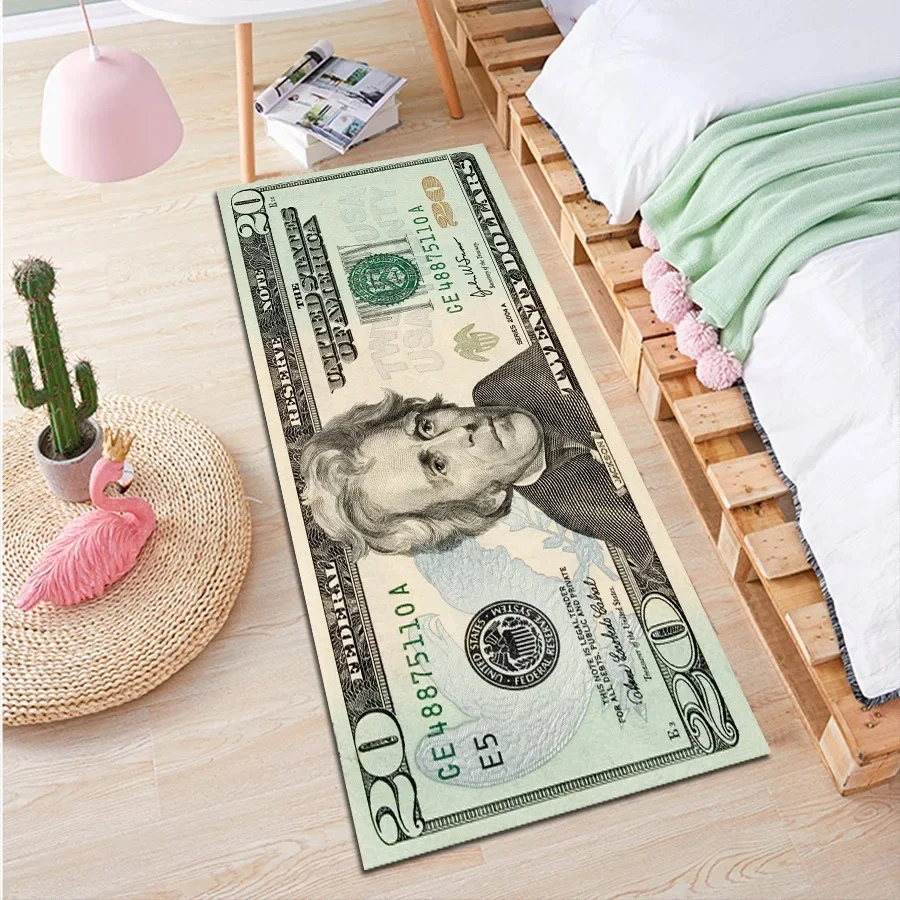 

Unique Dollar Bill Strip Floor Mat Long Rectangular Carpet Bedroom Living Room Non-Slip Rug Entryway Corridor Bay Window Decor
