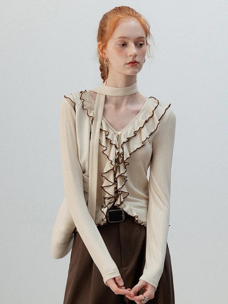 

EGGKA Женская длинная футболка Sve V-Ne Slim Fit с эффектным подолом, универсальный базовый слой, топ, ранний осенний дизайн Faion