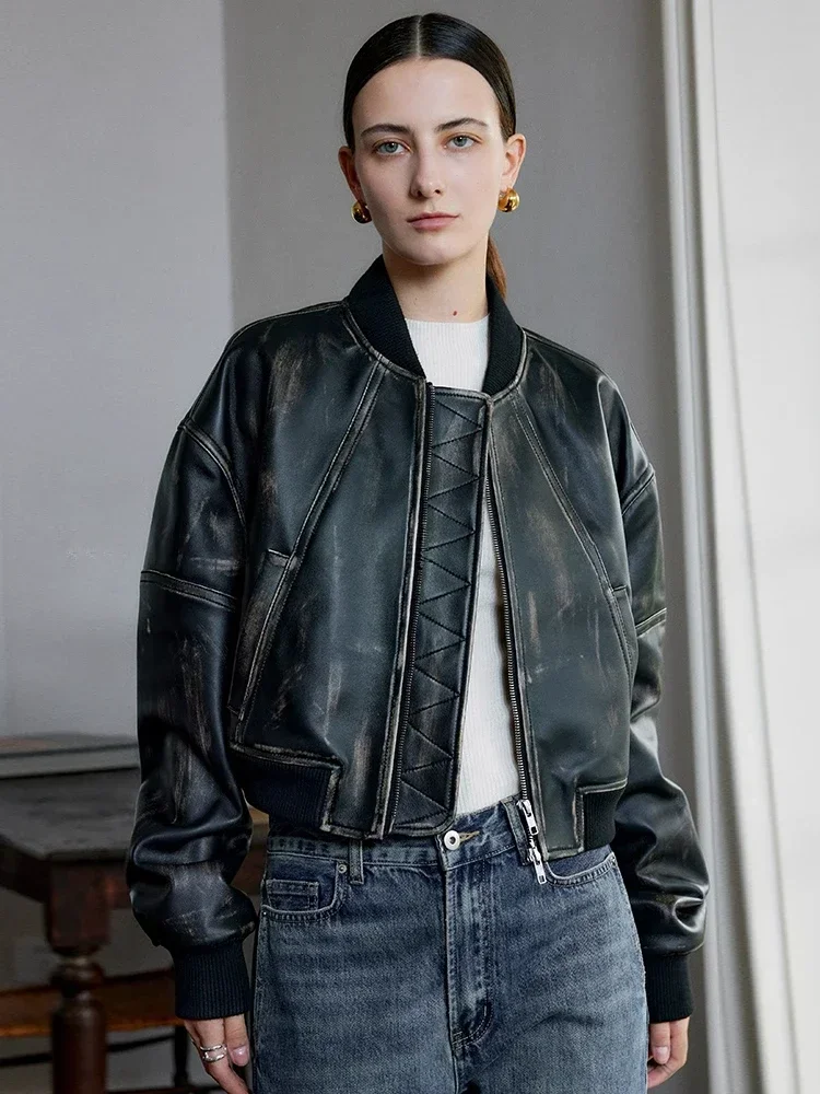 

Retro Short Genuine Leather Bomber Jacket for Women Spring Autumn 2026 New High-end Streetwear Simple Casual Real Sheepskin Coat