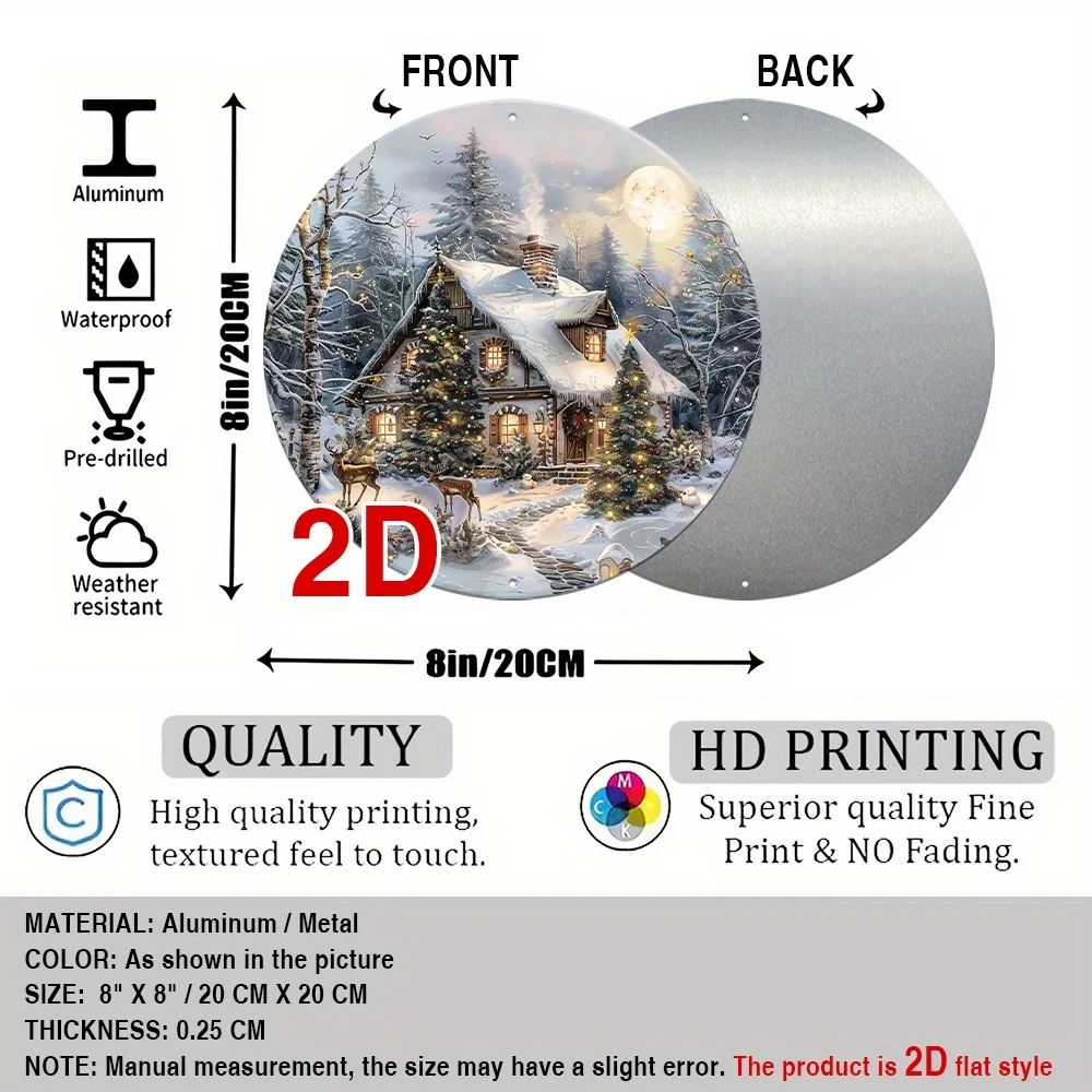 Cozy Christmas Cottage 2D Round Aluminum Wall Plaque: 8x8 Inch, HD Print, Waterproof, Pre-Drilled, 3D Effect, Festive Holiday De