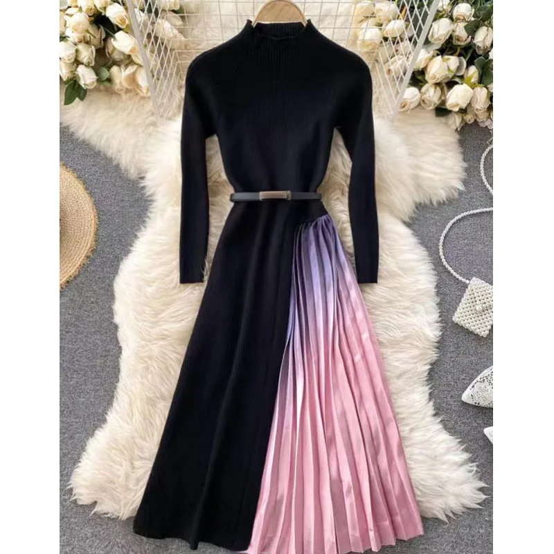 

Ele вязаный миди Dr женский осенне-зимний утягивающий цветной плиссированный свитер Dr Faionable с высокой талией