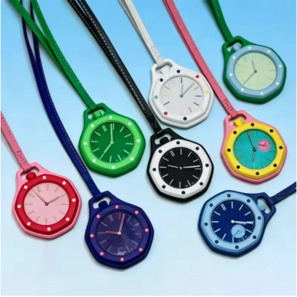 New Pocket Watch Pendant Men's and Women's Colored Candy Octagonal Quartz Movement Leather Lanyard Casual Fashion Style Gift