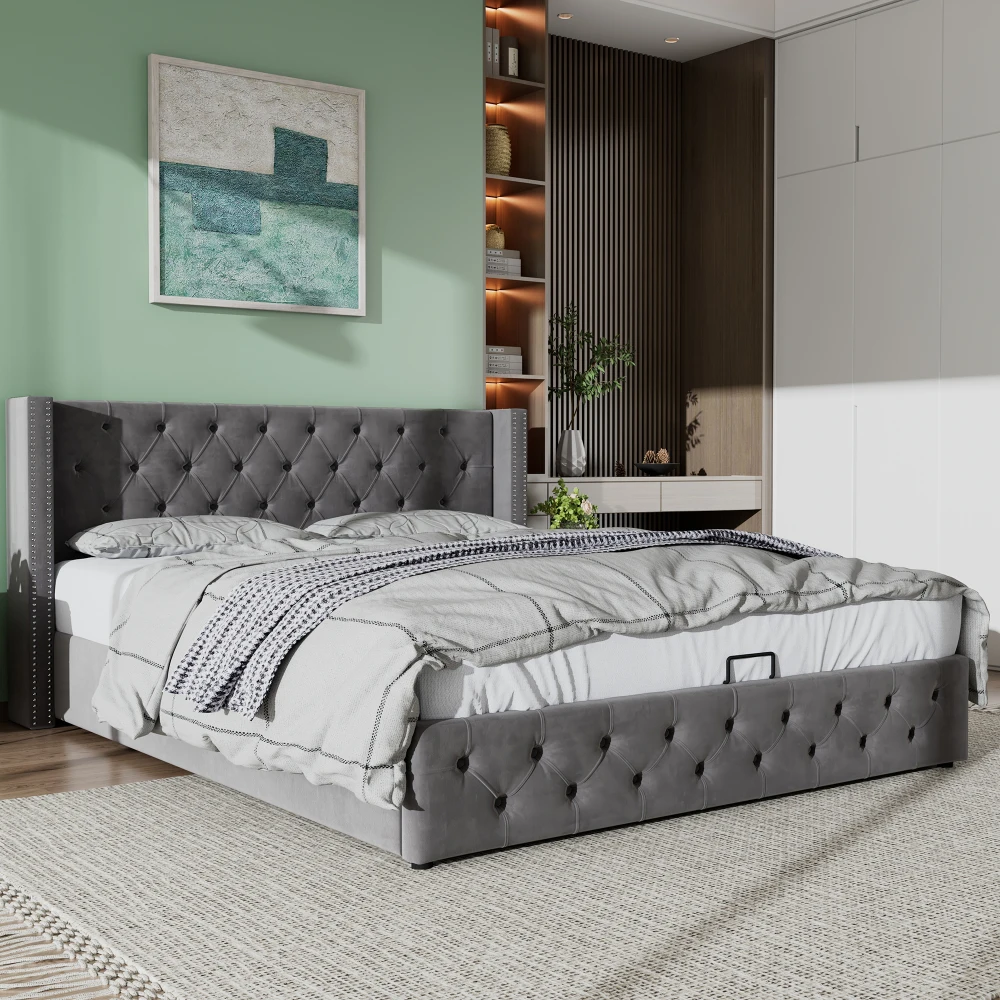Gepolstertes Doppelbett aus schwarzem Samtflanell mit Nietenknopf und hydraulischem Stauraum (ohne Matratze), 160 x 200 cm oder 180 x 200 cm – Detail 30