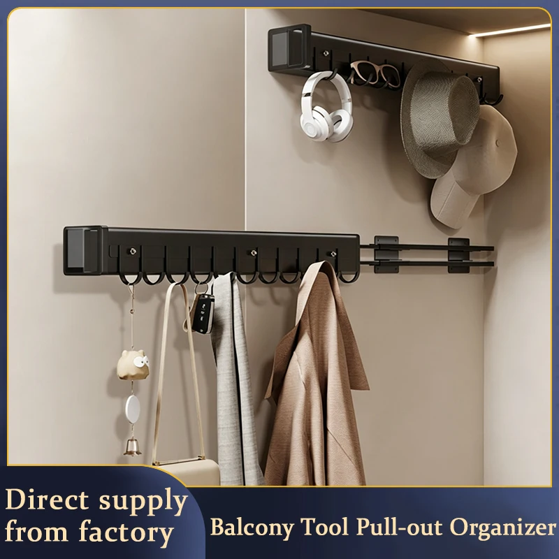 Multifunctional Pull Out Telescopic Sliding Rail Hook Rack For Home Cabinet Mop Broom Holder Wall Mount Storage Organizer