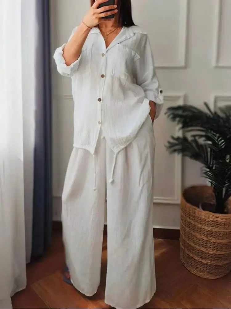 

2025 женский хлопково-льняной комплект из 2 предметов, повседневный шикарный хлопково-льняной наряд, дышащий удобный осенний ансамбль, летний костюм