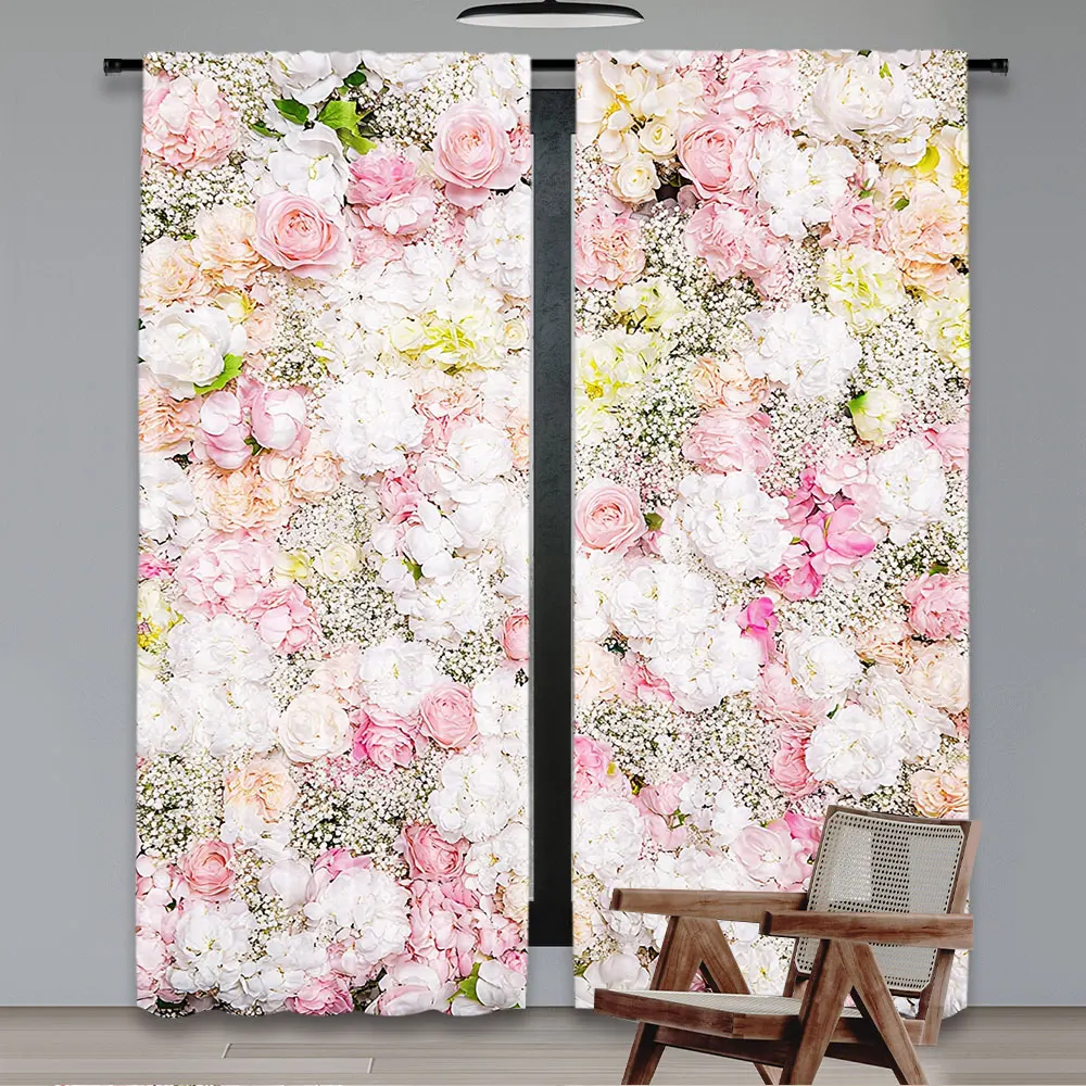 2Pcs Aesthetic Flower Theme Curtain Spring Pink And White Rose Floral Window Drapes For Wedding Party Decorations A