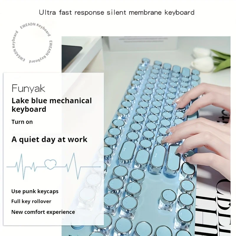 EWEADN Punk Typewriter Mechanical Gaming pink Keyboard, 104 Keys Full-Size Numeric Keypad, White Backlit, for Windows Laptop PC