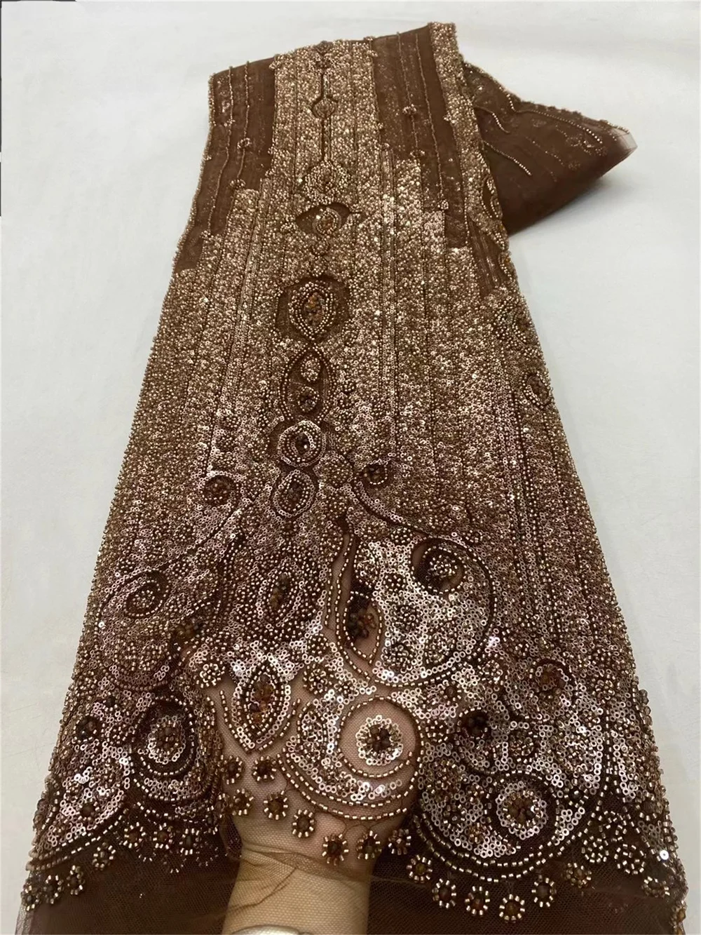 Luxury Nigerian Brown Beaded Lace Fabric Embroidered Dubai New 2024 African Beaded Tulle Lace Fabrics For Wedding Dress A381-2