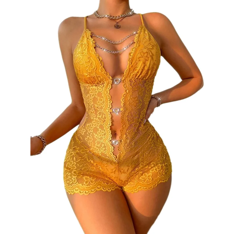 

Plus Size Sexy Lingerie Navel Exposed Temptation Lace Lightweight And Breathable Lingerie Halter Neck Lace-up Sexy Bodysuit L9CW