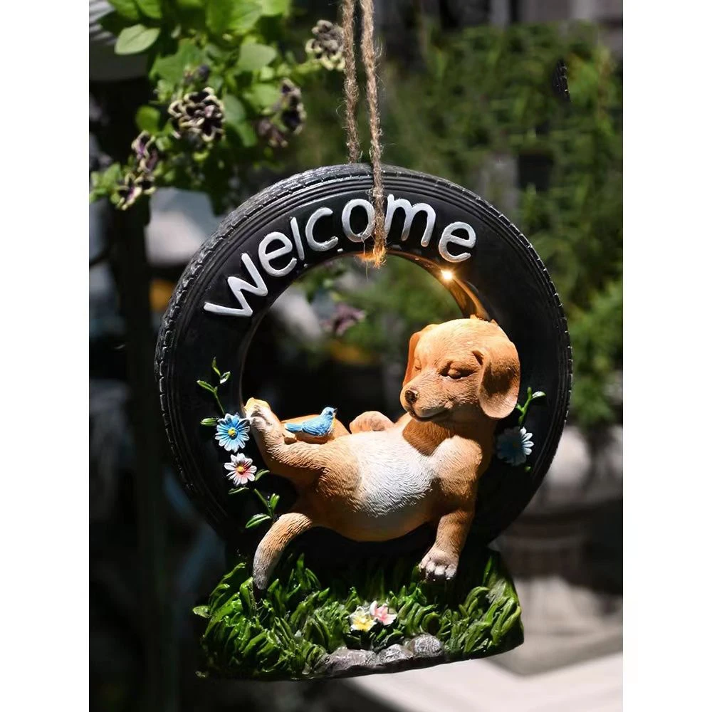 Solar Night Lights Tire Dog Resin Decoration Items Outdoor Garden Balcony Sculpture Decor Courtyard Landscape Statue Accessories