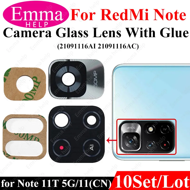 EmmaHelp10Pcs Rear Back Camera Lens Glass for Xiaomi Redmi Note 11 11S 11T 10 10S 9 9S 8 7 Pro Rear with Glue