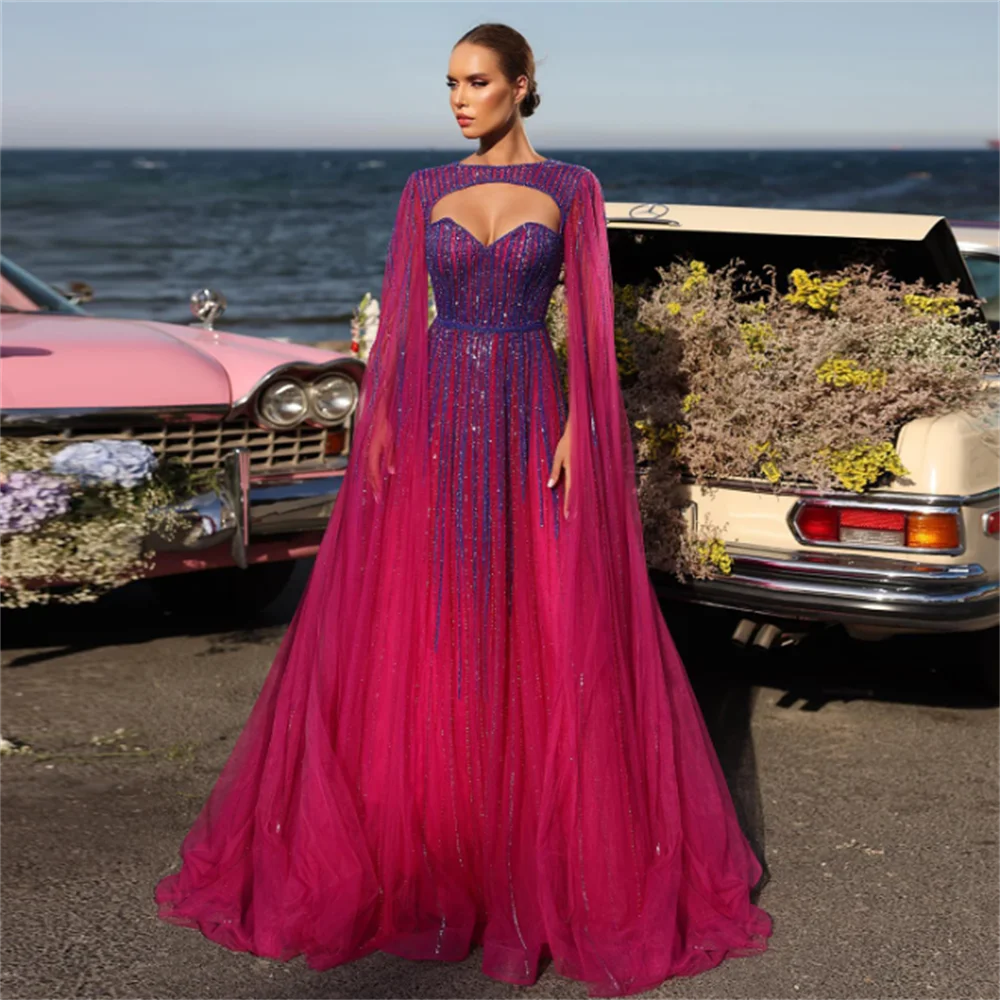 

Luxury 2024 Emerald Green Dubai Fuchsia Evening Dress with Cape SleevesArabic Women Wedding Party Dresses