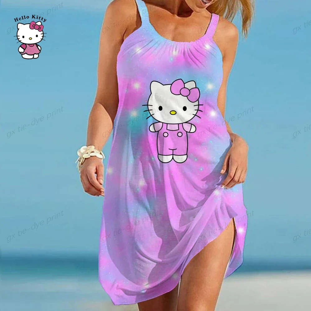 Summer Women Dress Fashion Slim Loose Dress Sexy O-Neck Sleeveless Hello Kitty Printing Sling Dress Elegant Women Dress Vestidos