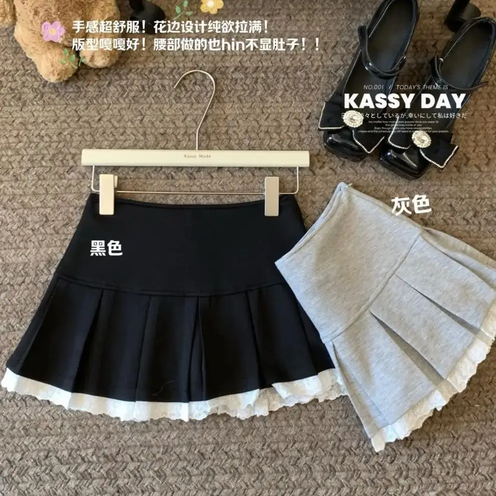 

Design lace patchwork skirt women summer pleated skirt small anti-exposure short skirt