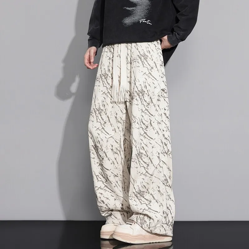 

ZG New arrival 25 spring and summer tie-dyed casual trousers men's pleated American high street mopping straight trousers