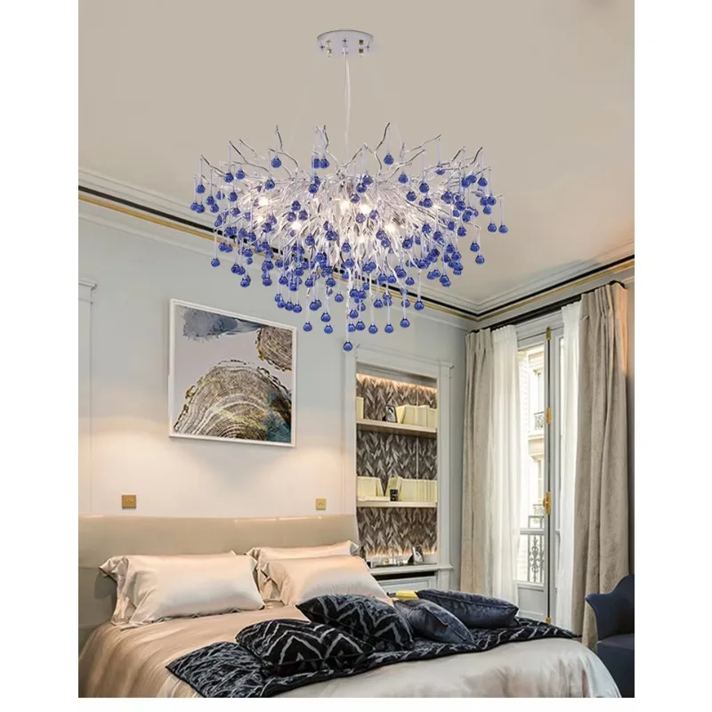 

Silver Modern Bule Crystal Branch Chandelier for Living Room Dining Room Bedroom Raindrop Crystal Pendant Lamp Fixture Kitchen