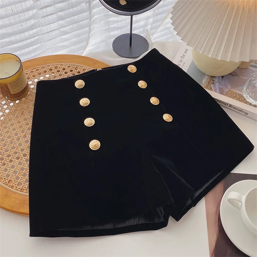 Gowyimmes 2025 Big Size Slim Women Black Gold Velvet Shorts Lady High Waist Thin A-line Shorts Girl Streatwear Bottomings PD1847