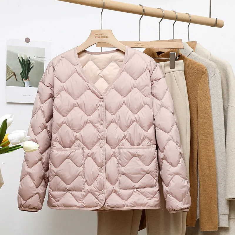 2022 Autumn Winter V Neck Lightweight White Duck Down Jacket Parka Women Casual Loose Bigsize Down Coat Female Short Outwears