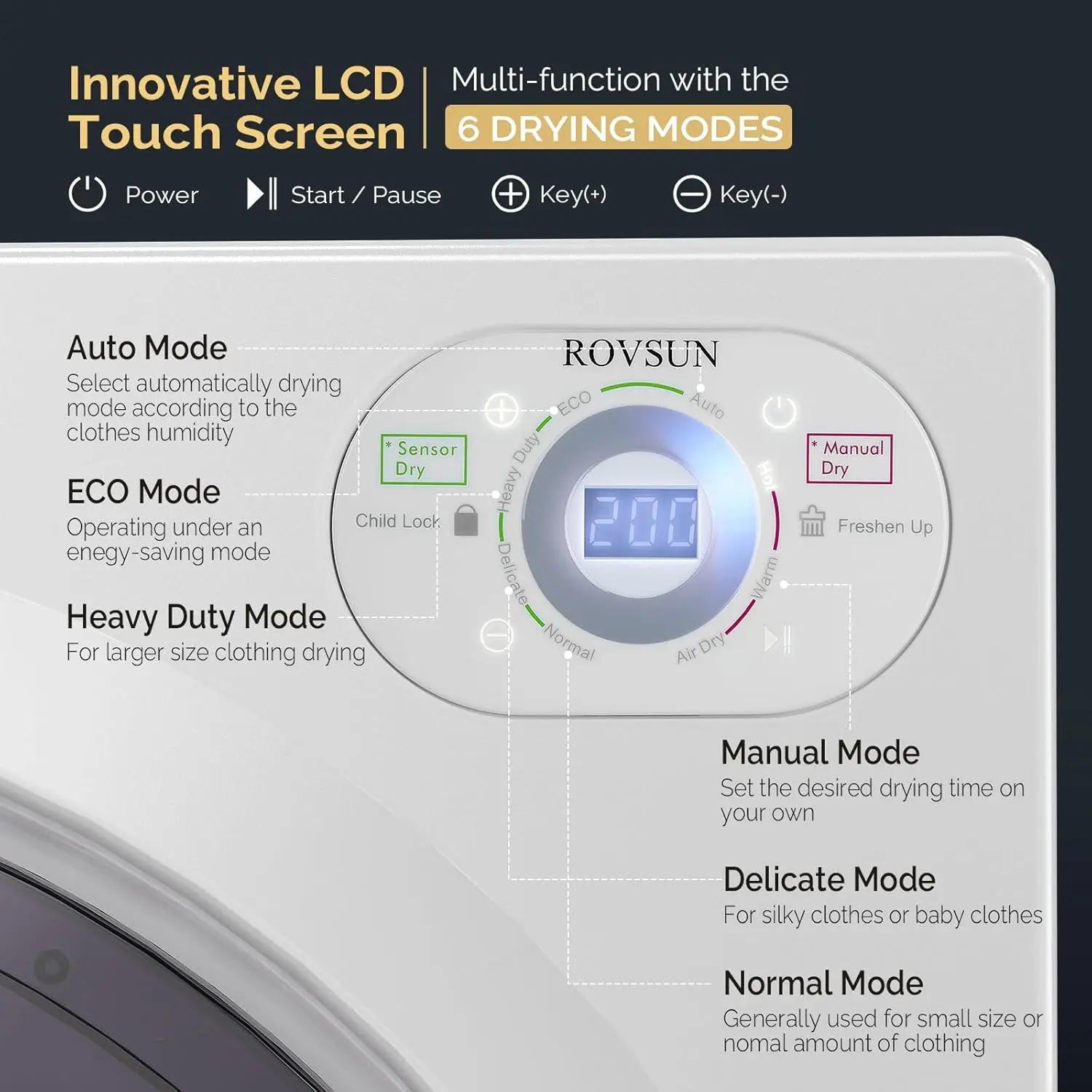 컴팩트 프론트 로드 세탁 건조기, LCD 컨트롤패널, 6 가지 모드 포, 1400W 스테인레스 스틸, 휴대용 의류 건조기