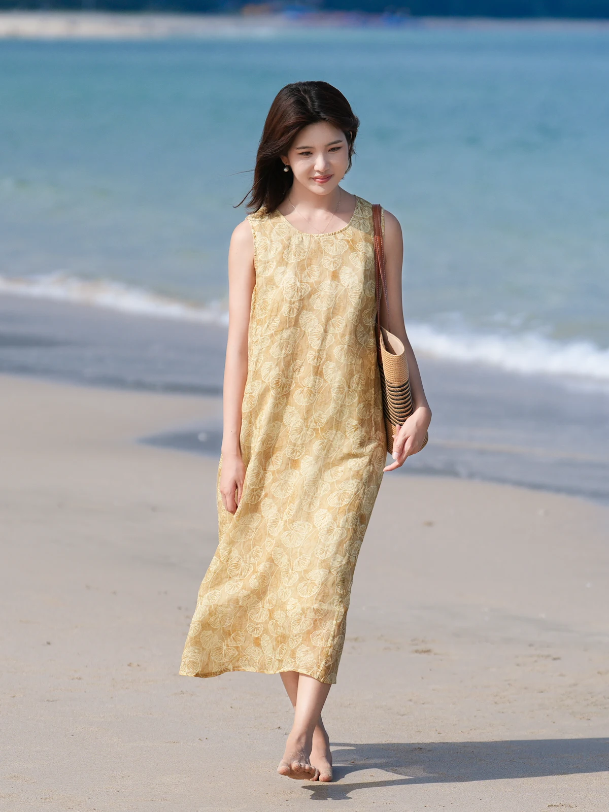 

Summer New Long Svel round Ne Hemp Vest Dr Printed Loose plus Size Casual Sle A-Line Gown Chinese Brand Women's ...