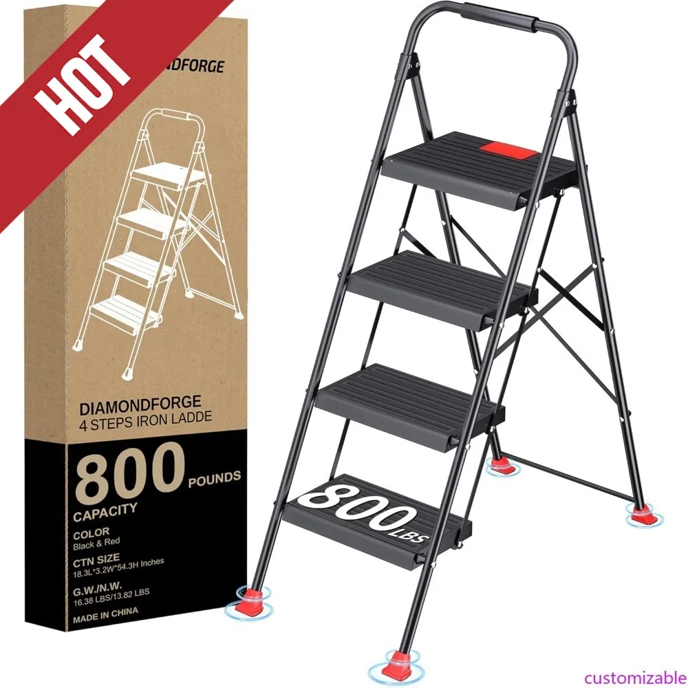 Customizable-Step Ladder Foldable Folding Stool - For Home Adults Kitchen 4 Stepping Extension Tall Heavy Duty With Handrails -