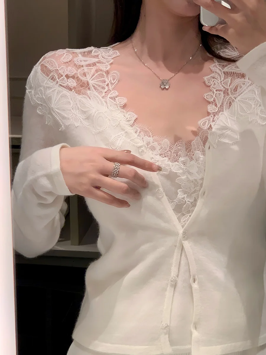 

WizAann Кружевной шерстяной комплект из двух предметов, осенне-зимний лоскутный дизайн, топ, простой облегающий длинный цвет све