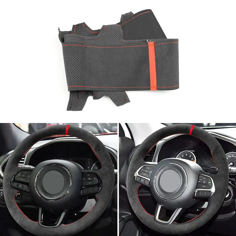 

Black-red line with red strip Car DIY Customized Accessories Steering Wheel Suede leather Cover Trim For Jeep Renegade 2016-2019