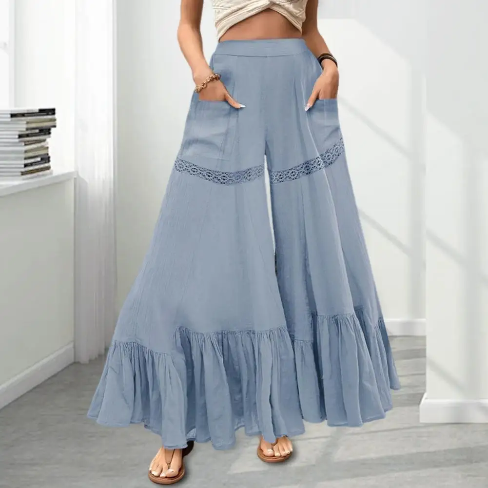 

Solid Color Wide-leg Pants Elegant Women's Flared Pants with High Waist Wide Leg Design Ruffle Cuffs Stylish Trousers with for A