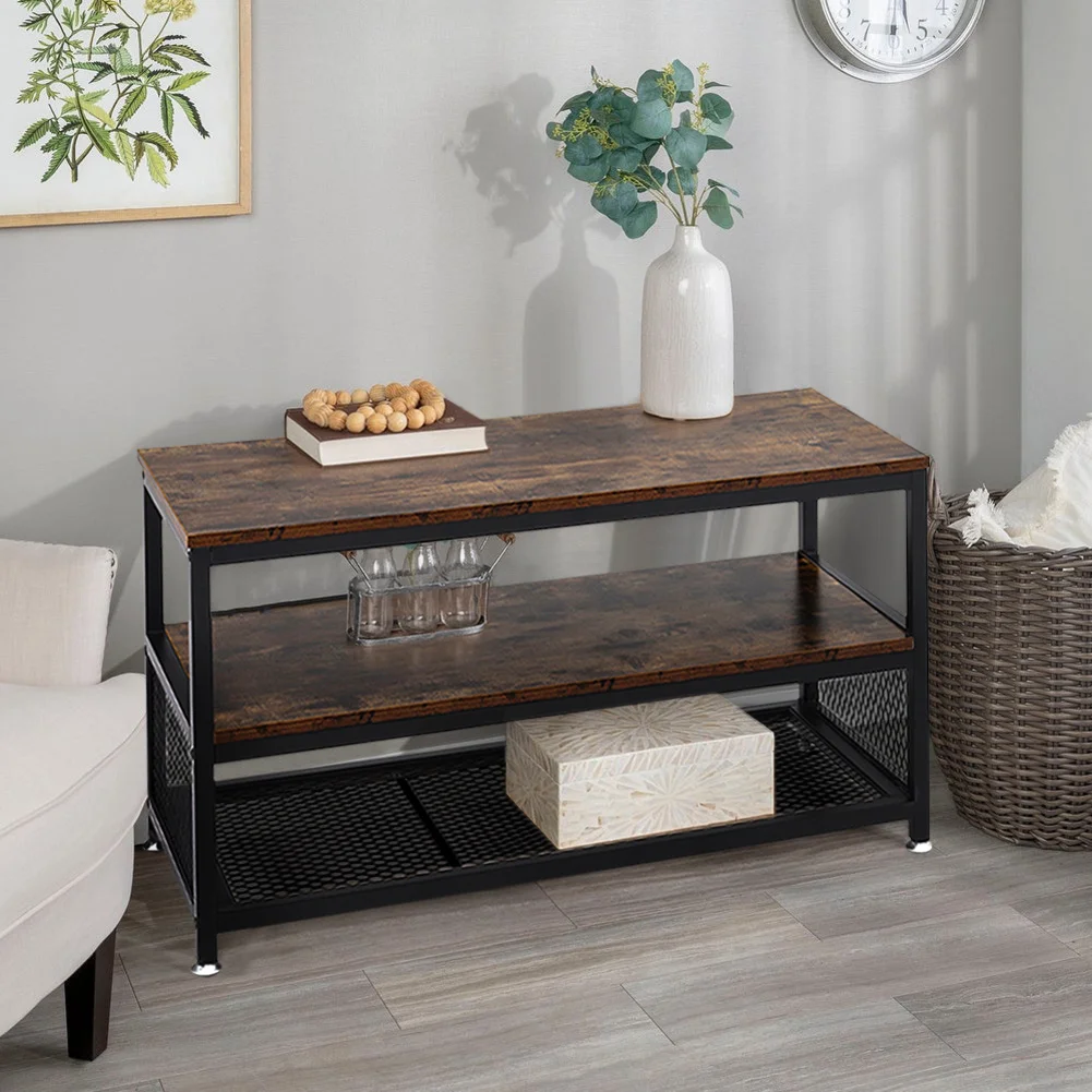 Industrial Rustic Wood Console Table with Storage Shelf or Living Room Bedroom Home Office