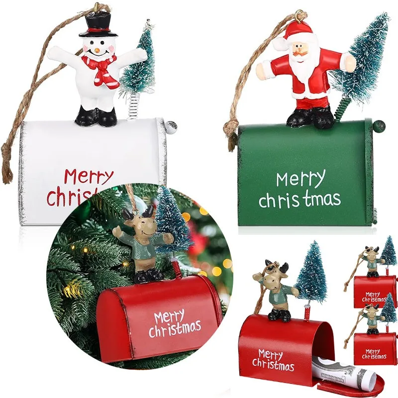 

Vintage Iron Metal Christmas Tree Hanging Ornament with Santa Claus Snowman and Reindeer Mailbox Design Festive Holiday Decor