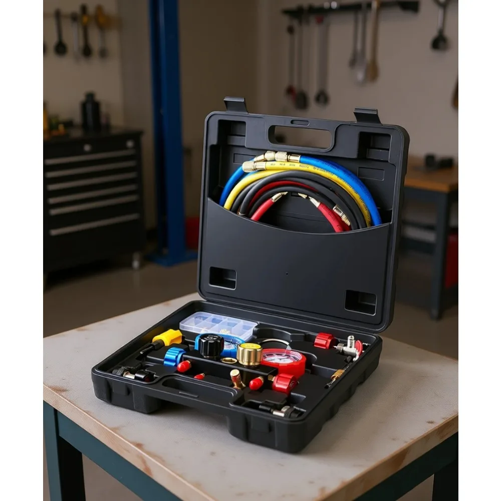 

4 Way AC Manifold Gauge Set for R134A R22 R12 R410A Refrigerant with 5ft Hoses Couplers Can Tap for Auto Charging