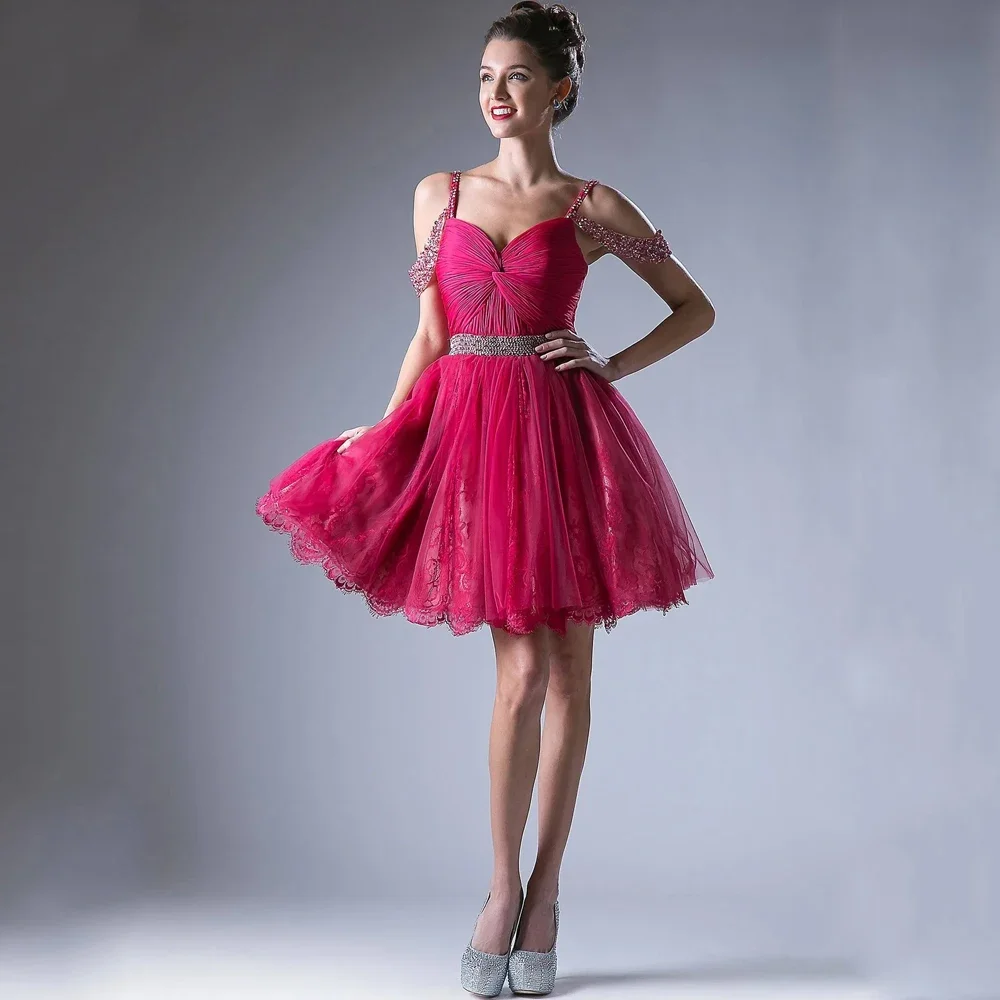 

Customized Classic Evening Cocktail Dresses Sleeveless Sexy V-neck A-line Spaghetti Strap Open Back New Tulle Short Party
