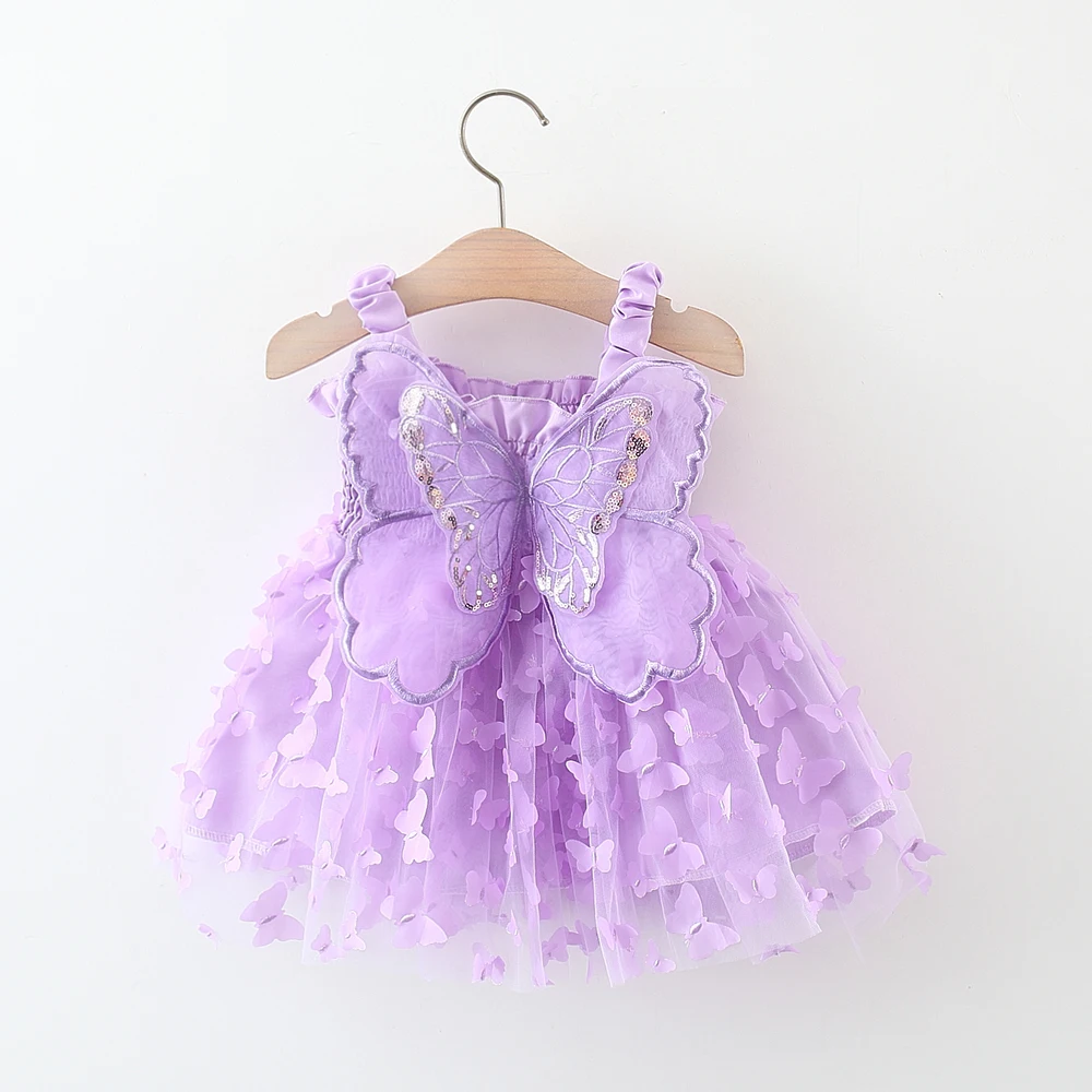 Summer new baby girls Dress Butterfly Wings Halter Butterfly Embellished Skirt Solid Color Dream Sweet Princess Dress(0-3 years）