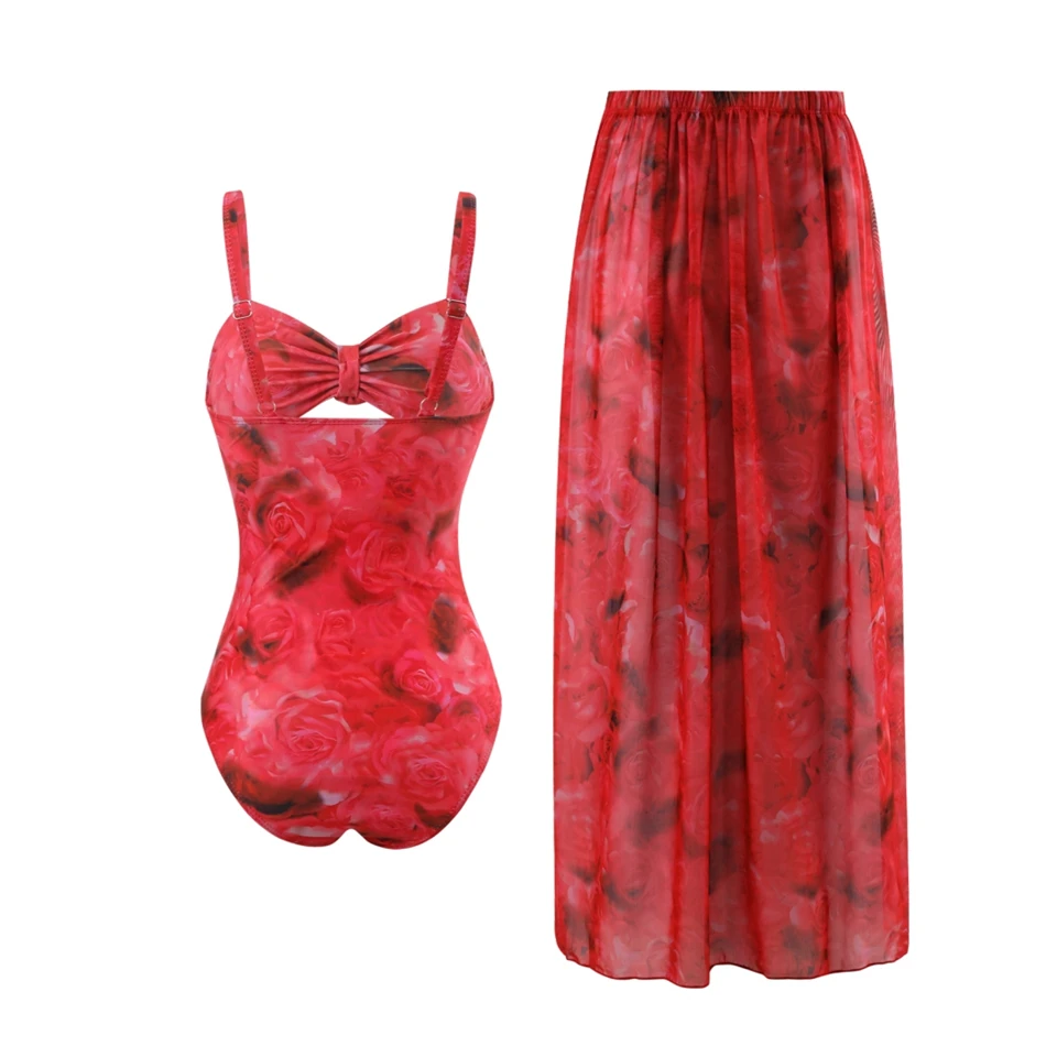 One Piece Hollow Out Swimsuit & Beach Long Skirt Women 2024 New 3D Flower Fashion Swimwear Bodysuit Female Bathing Swim 2 Pieces image 2