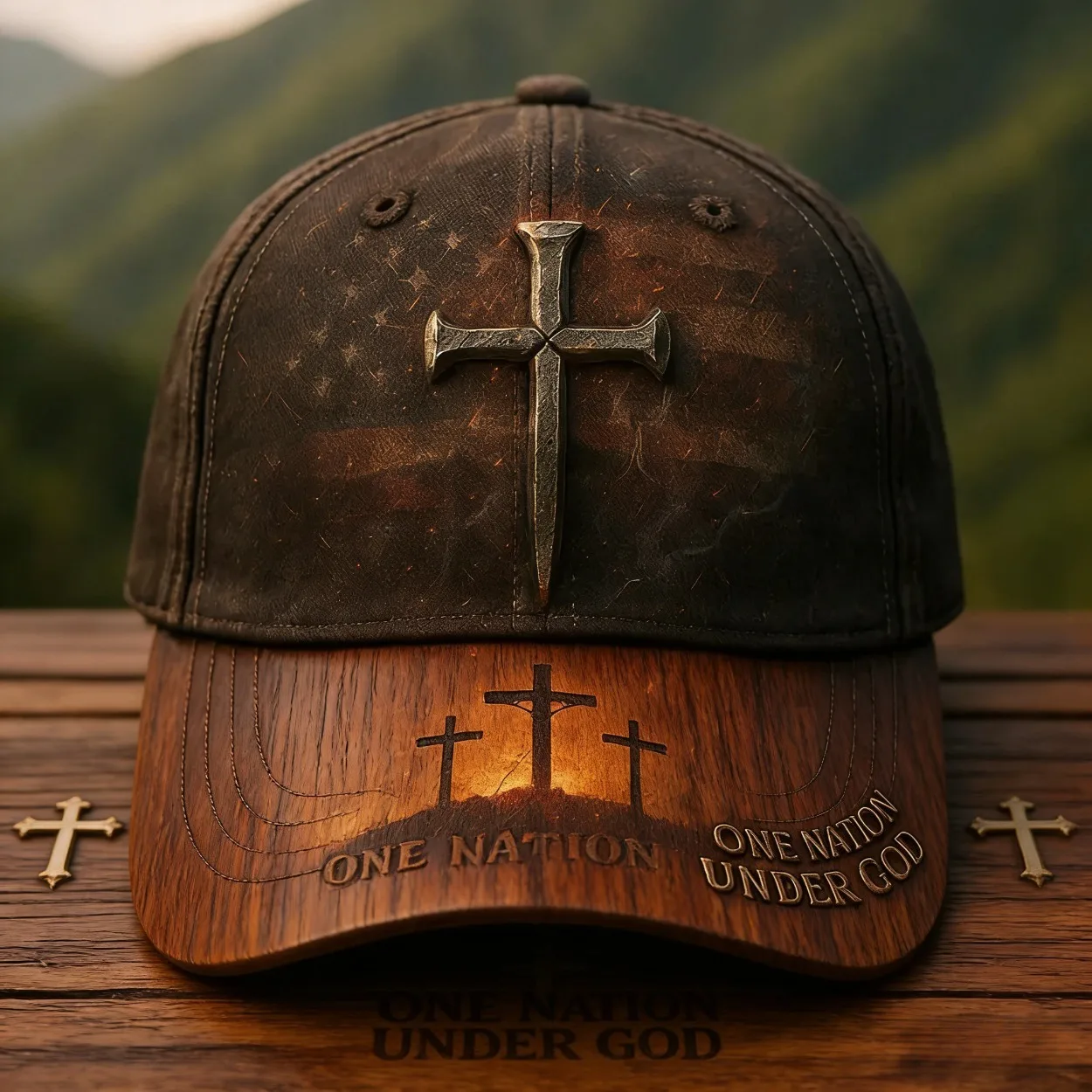 Custom 3 Pack Vintage Distressed Cross Baseball Caps - Full Print American Flag With Cross Pattern, Distressed Brown